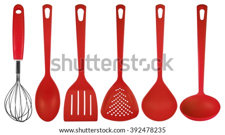 Red plastic kitchen utensils isolated on white. Clipping path included. Royalty-Free Stock Photo #392478235