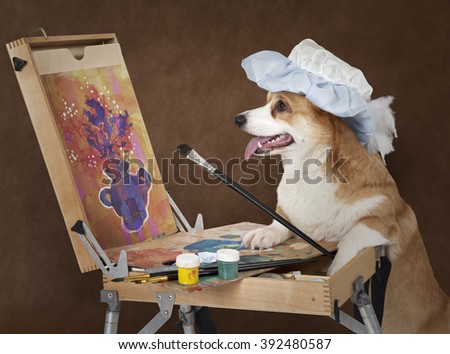 Welsh corgi Pembroke dog artist painting still life with a bouquet of flowers
