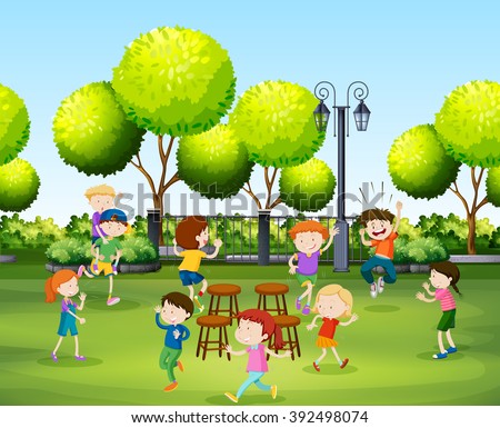 Children playing music chair in the park illustration