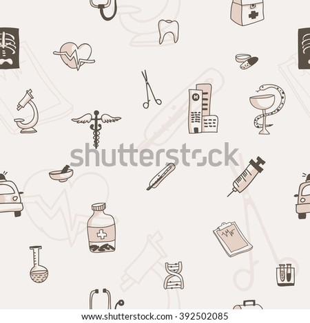Seamless pattern with hand drawn medical icons. Vector illustration.  