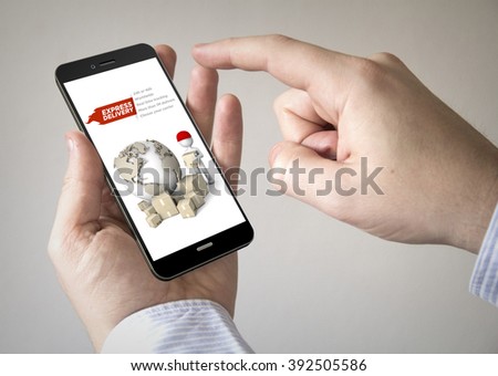 Close up of man using 3d generated mobile smart phone with express delivery website on the screen. Screen graphics are made up.