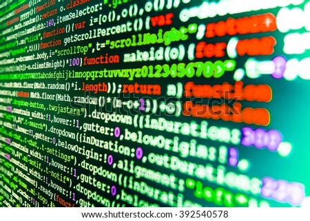 Abstract screen of software.  Programming code abstract screen of software developer. Monitor photo. Programmer workplace. Programming code. Website development. Source code photo. 
