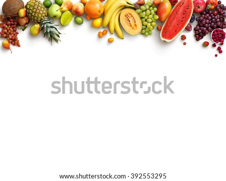 Healthy fruits background. Studio photo of different fruits isolated white background. High resolution product. Copy space Royalty-Free Stock Photo #392553295