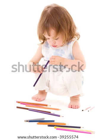 picture of little girl with color pencils over white