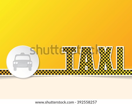 Checkered taxi text on orange background template design with white taxi badge