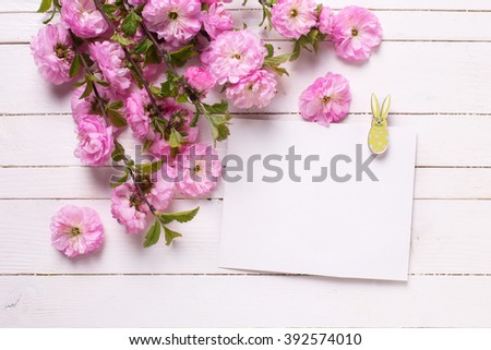 Pink   flowers  and empty tag on white  painted wooden planks. Selective focus. Place for text. 