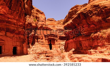 Lion Triclinium in Petra (Rose City), Jordan. The city of Petra was lost for over 1000 years. Now one of the Seven Wonders of the Word