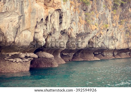 Beautiful lagoon of Phi-Phi islands, Krabi, Thailand. Image with selective focus and toning