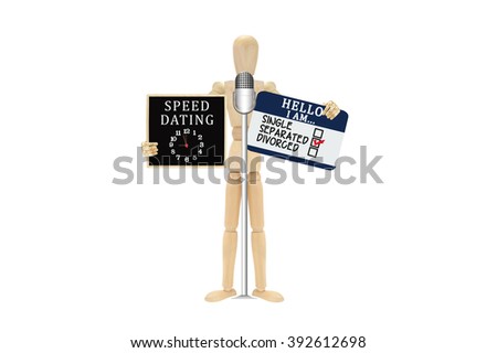 Speed Dating Blackboard Separated Blue Name Tag Wood Mannequin isolated on white background