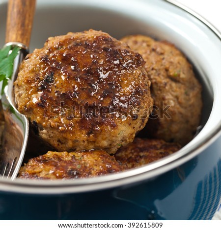 Small Meat Cutlets or Sausage Patties isolated on white background. Selective focus.