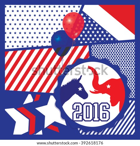 Election 2016 Pop Art Vector Illustration of democrat donkey and republican elephant symbols facing off. Vote for America.
