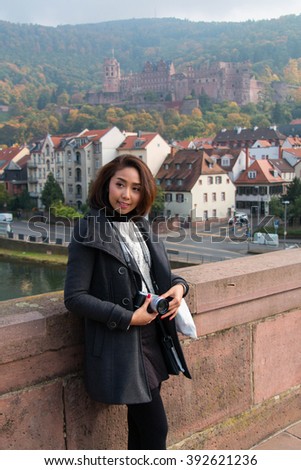 Happy Asian Girl, Travel in Europe, Germany, Heidelberg