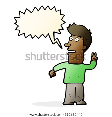 cartoon man making peace sign with speech bubble