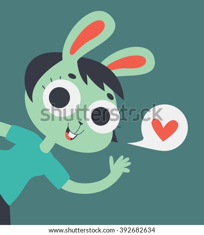 Vector illustration of a cartoon bunny girl, showing up on screen, waving, next to a balloon with a heart inside.