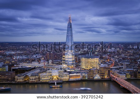 Panoramic skyline view of London with Shard skyscraper at magic hour - England, UK