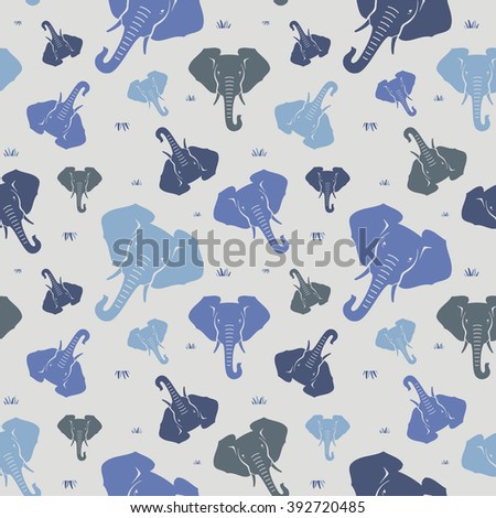 Blue elephants on a gray background. Seamless pattern.  The press on fabric, paper and other things. Backgrounds with wild animals.