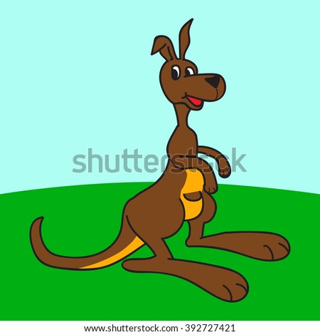 Funny kangaroo. Kangaroo standing in the green grass on background blue sky.