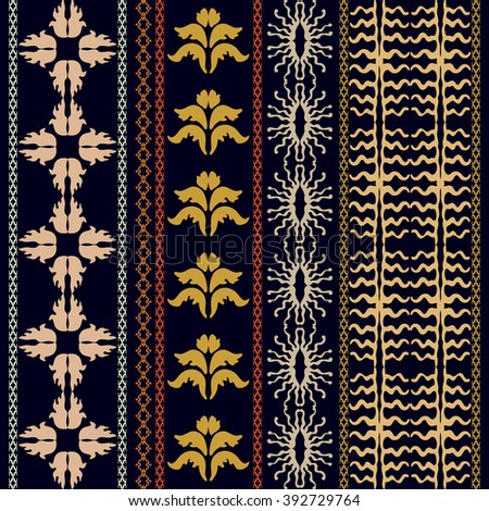 Luxury bohemian patterns constructed from hand drawn geometric elements. Abstract floral borders, damask leaves, thin stripes, sun symbol, art deco lines. Art deco textile collection. Golden on black.