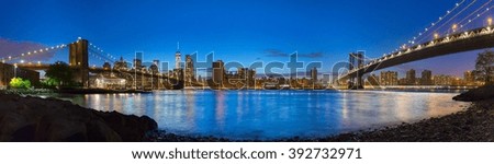 Panoramic view of Manhattan and Brooklyn bridges at night, New York, USA