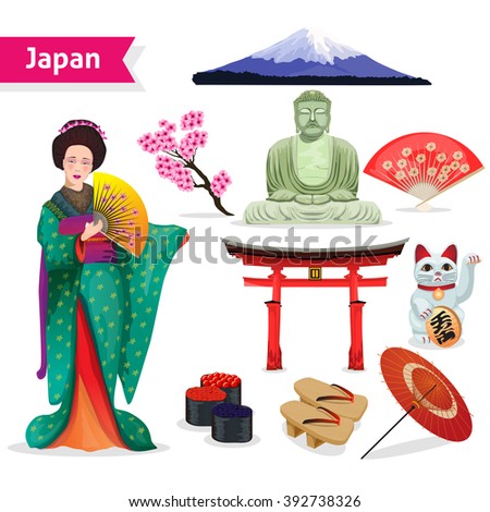 Japan touristic set with woman in kimono fuji lucky cat and symbols of religions isolated vector illustration 