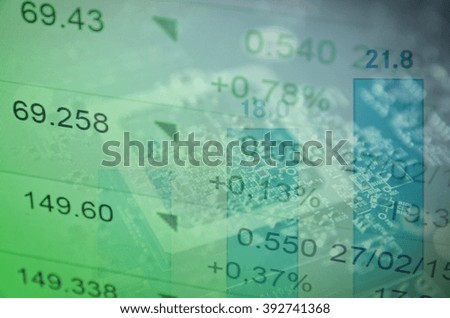 Close-up computer screen with financial data. Multiple exposure photo.