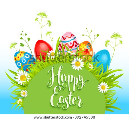 Spring holiday card with eggs for design card, banner,ticket, leaflet and so on.Template page with handwritten inscription Happy Easter. Holiday card.