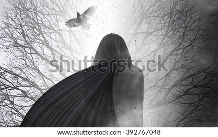 Woman in black going in the foggy forest - gothic style. Vintage photo.