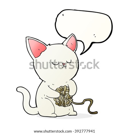 cartoon cat playing with ball of yarn with speech bubble