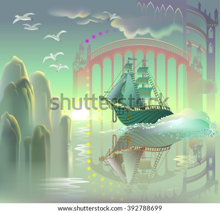 Fantasy ship in fairyland, vector cartoon image. Royalty-Free Stock Photo #392788699