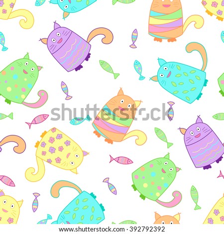 Funny cats with fish seamless pattern. Colorful background for kids.