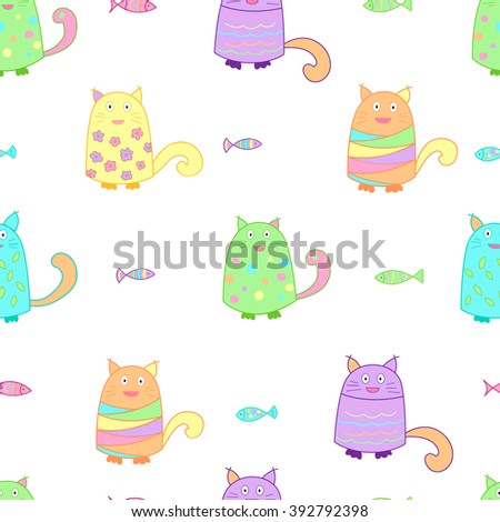 Funny cats with fish seamless pattern. Colorful background for kids.