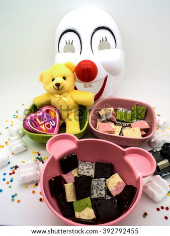 colorful chocolate and bear doll decorate theme romance selective focus