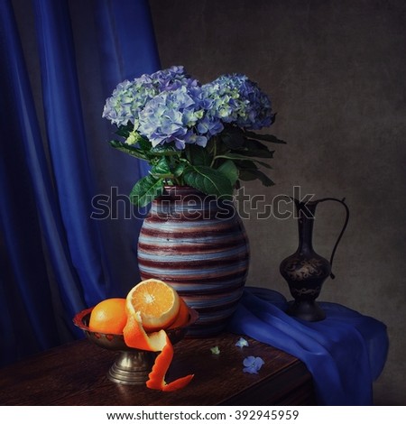 Still life with blue hydrangea