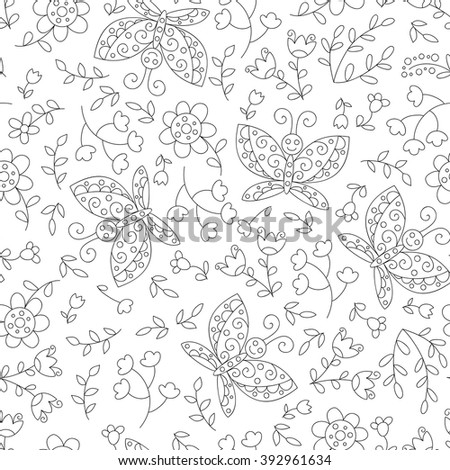 Vector butterfly and flowers seamless pattern. Cute black and white background.