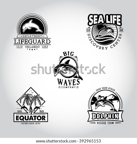 Set vintage badge with dolphin drawn by hand. Vector illustration, template graphic design fashion apparel print logos emblems labels for beach bars, restaurants, cafe, resort, rescue and sport team