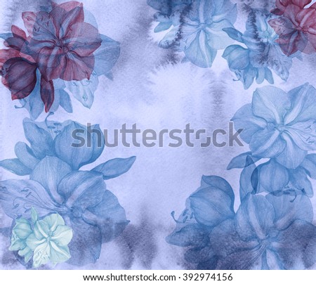 Picture flowers and buds - amaryllis on watercolor background. Wallpaper.