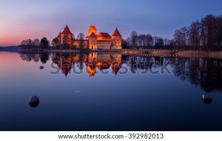 Lithuania, Trakai . Trakai Castle at night - Island castle in Trakai is a museum and a cultural center. Royalty-Free Stock Photo #392982013