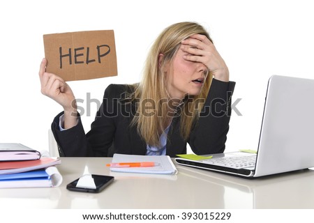 young beautiful business woman suffering stress working at office computer desk asking for help feeling tired and desperate looking overworked covering eyes overwhelmed and frustrated Royalty-Free Stock Photo #393015229