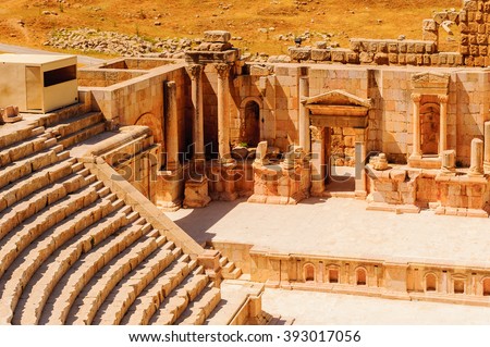 South Theater, Ancient Roman city of Gerasa of Antiquity , modern Jerash, Jordan Royalty-Free Stock Photo #393017056