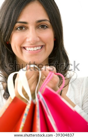 Woman portrait with shopping bags isolated on white
