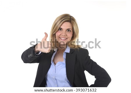 corporate portrait of young attractive and happy business woman with long blond hair posing confident smiling relaxed isolated on white background in female success and successful businesswoman