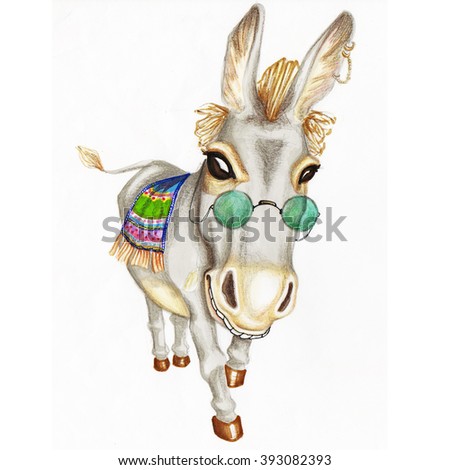 Hand drawn watercolor donkey with green glasses. 