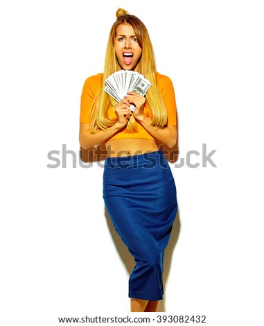 beautiful happy cute smiling blonde woman girl in casual colorful hipster summer clothes with no makeup holding dollar banknotes 