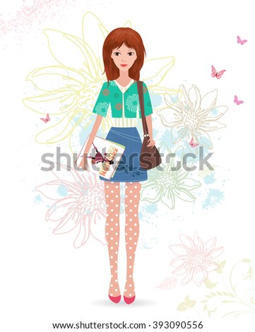 fashion girl with magazines on sketch floral background