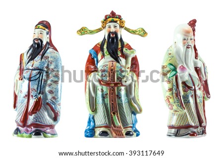 Close up, macro photo sculpture the 3 god of Chinese people with gold, isolate on white background