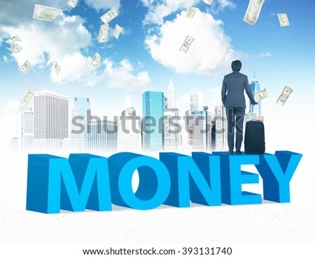 Businessman with suitcase standing on 'money', New York and blue sky at background. Concept of money.