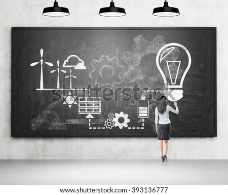 Businesswoman drawing symbols of alternative energy sources on black chalk board. Concrete background. Concept of clean environment.