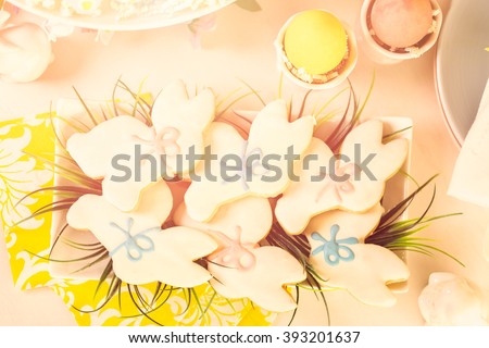 Dessert table decorated for Easter brunch.