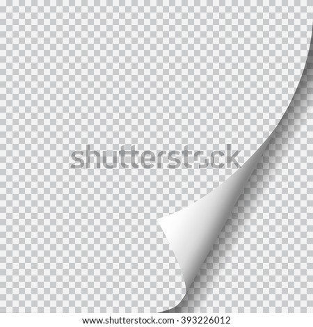 Page curl with shadow on blank sheet of paper. White paper sticker. Element for advertising and promotional message isolated on transparent background. Vector illustration for your design and business Royalty-Free Stock Photo #393226012