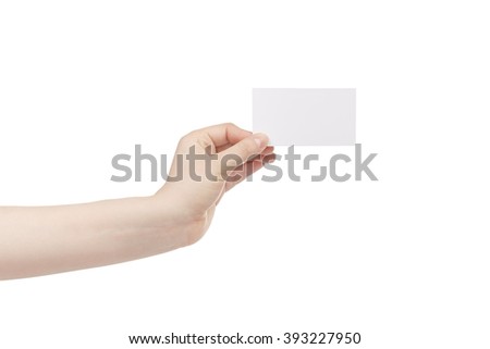 young female left hand hold blank white paper card, isolated on white